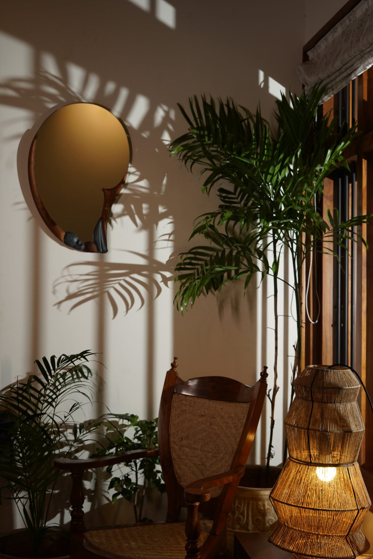 An asymmetrical mirror with a sculptural frame in brown tones and a reflective surface, placed on a wall with a tropical plant in the foreground.