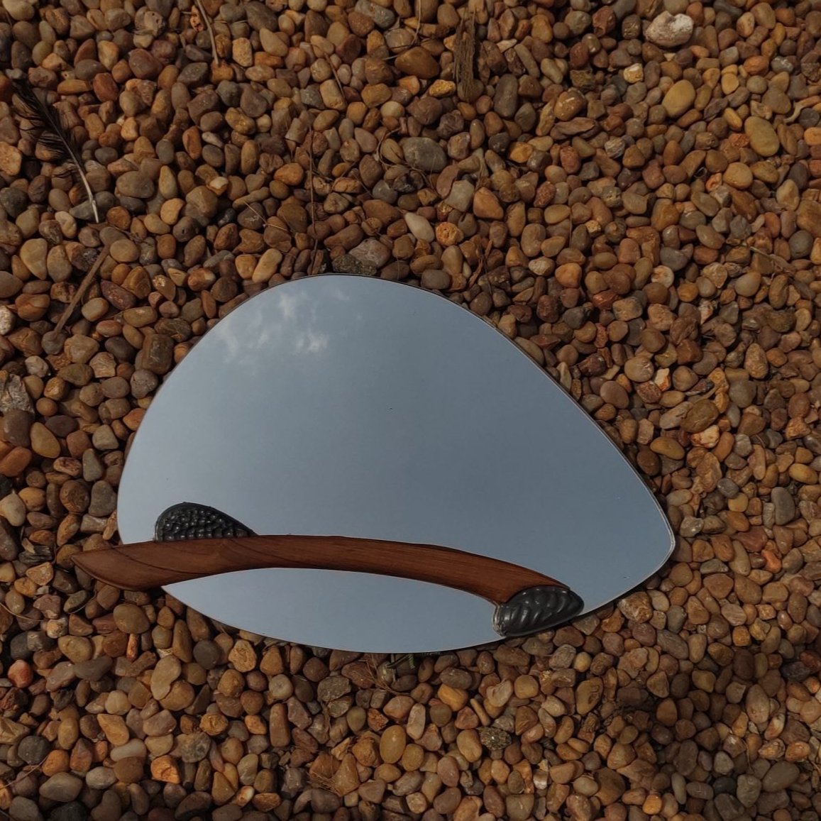 A wooden mirrored sculpture with a reflective surface, hung on a wall with a plant in the background.