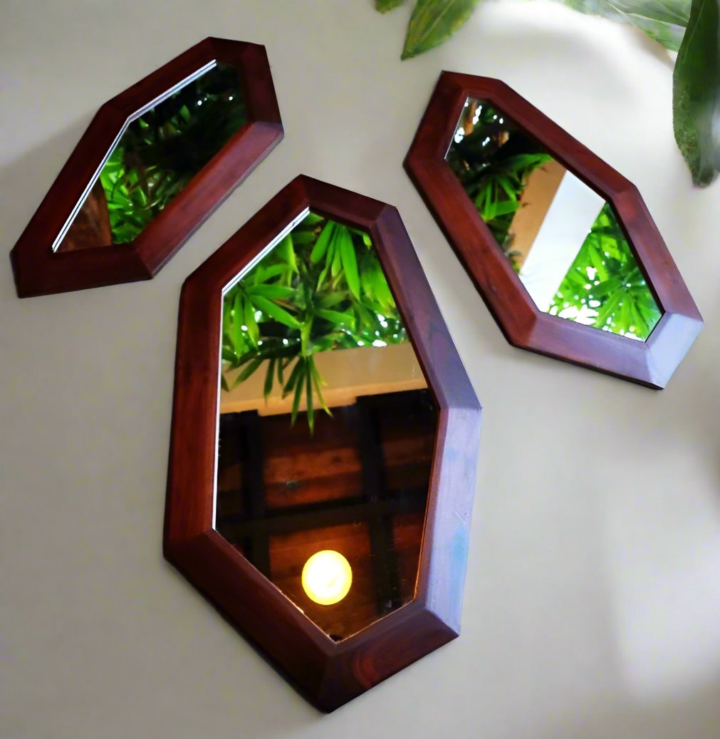 MIRAL INDIA Geometra Linear 2D Teak Mirrors (Set Of 3)