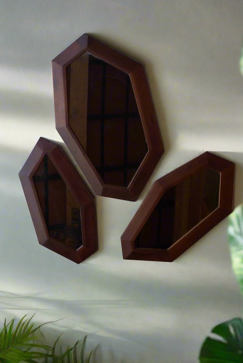 MIRAL INDIA Geometra Linear 2D Teak Mirrors (Set Of 3)
