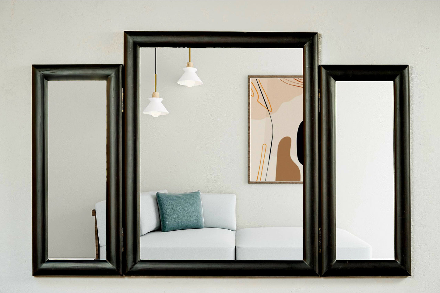 A large rectangular colonial-style foldable mirror made of teak wood, with a reflective surface and visible wood grain, placed on a floor near a wall.