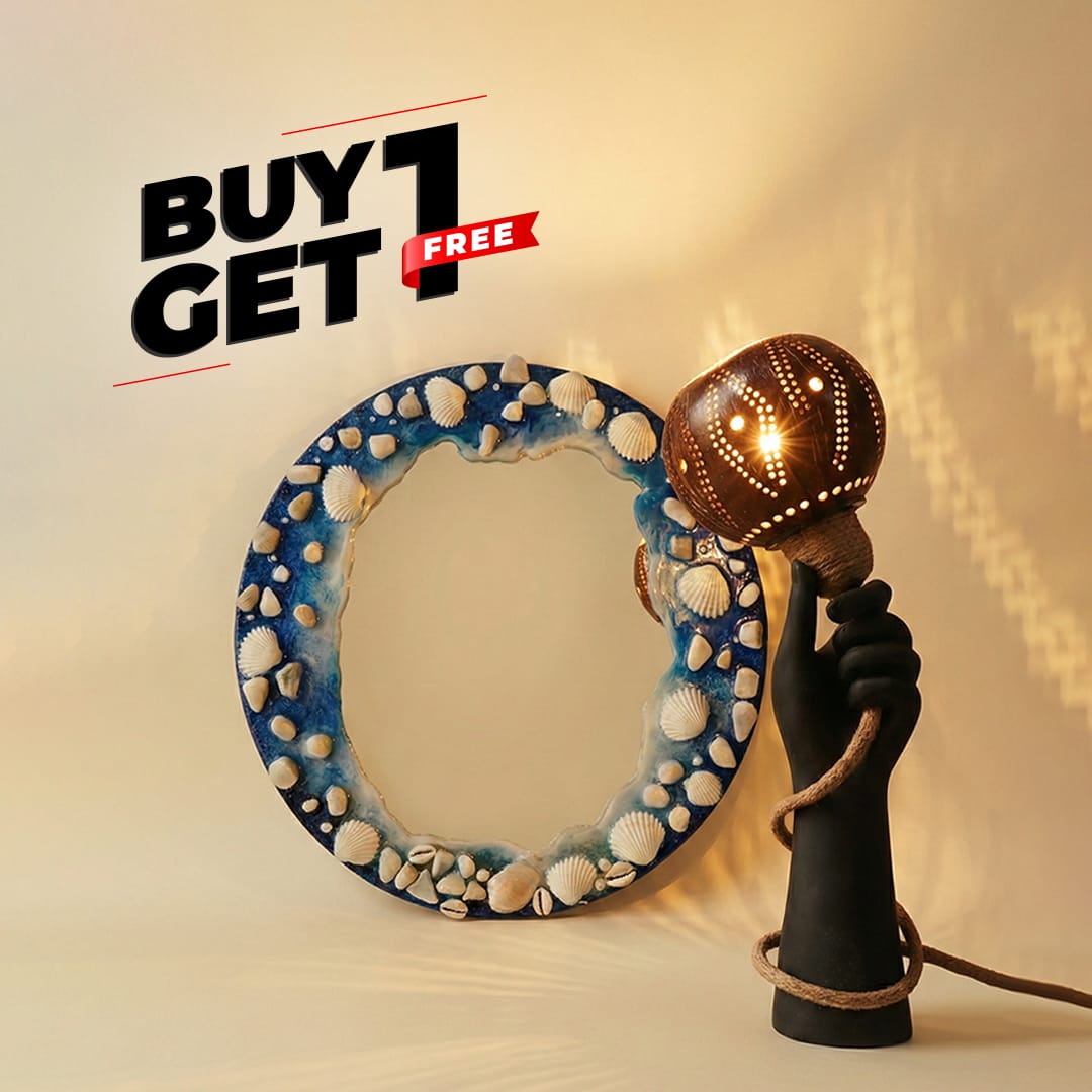 REPUBLIC OFFER- NEW LAUNCHING HANDCRAFTED BEACH VIBE RESIN MIRROR  + HANDCRAFTED COCONUT SHELL HAND TABLE LAMP