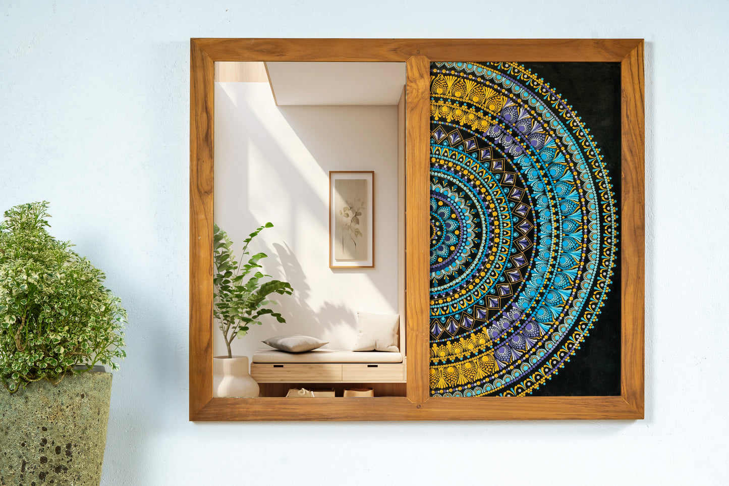Teak Semi Lunar Mandala Panel Mirror