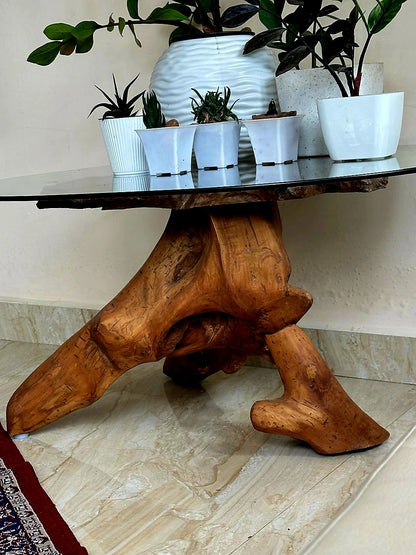 Table with a natural wood base and marble top, surrounded by potted plants.
