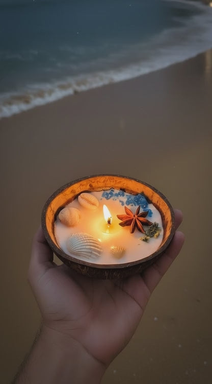 Decorative dish with shells, star anise, and blue flowers on a dark background