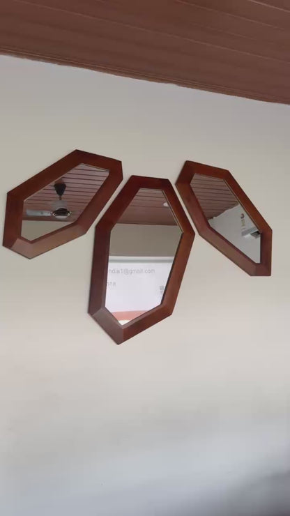 MIRAL INDIA Geometra Linear 2D Teak Mirrors (Set Of 3)
