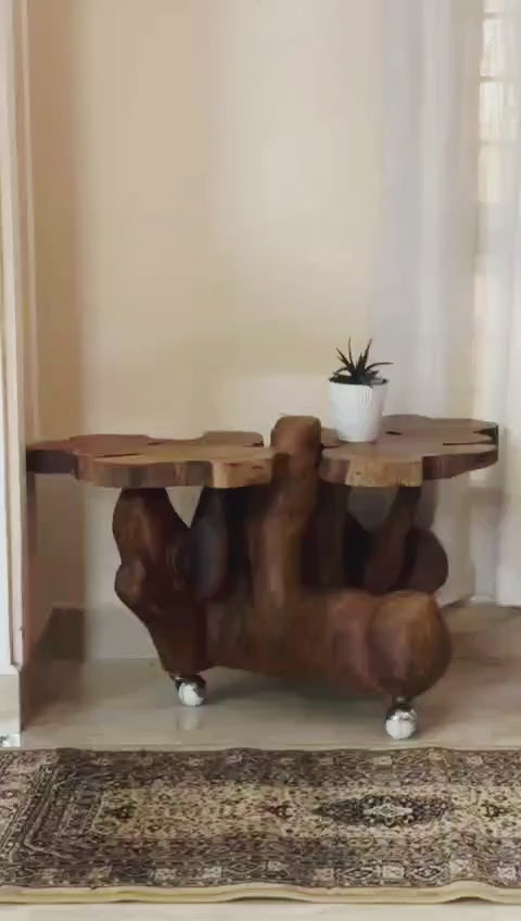Wooden side table with natural design in a room setting