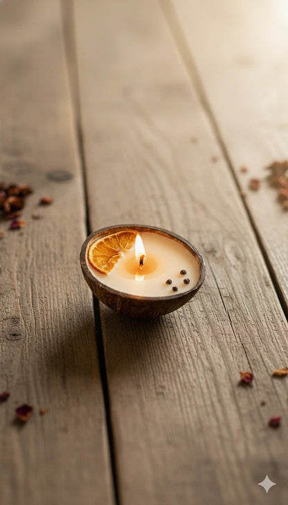 Small candle in a coconut shell on a wooden surface with dried leaves.