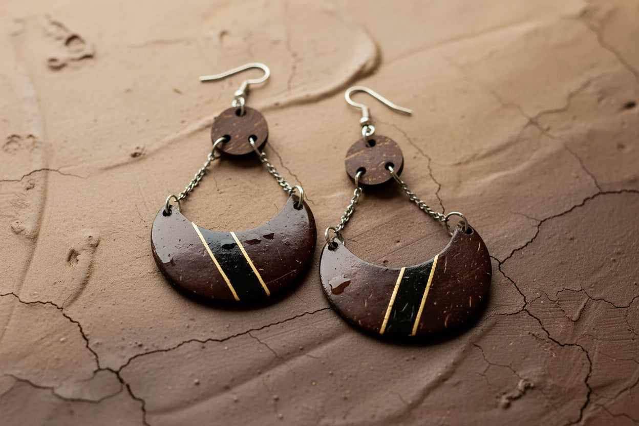 Pair of brown earrings with gold accents on a textured brown surface