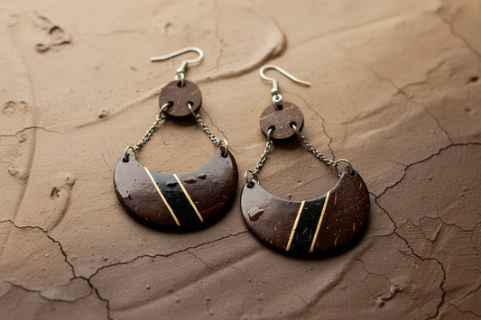 Pair of brown earrings with gold accents on a textured brown surface