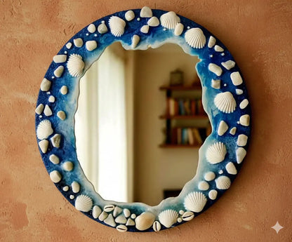 Round mirror with seashell frame on a textured wall