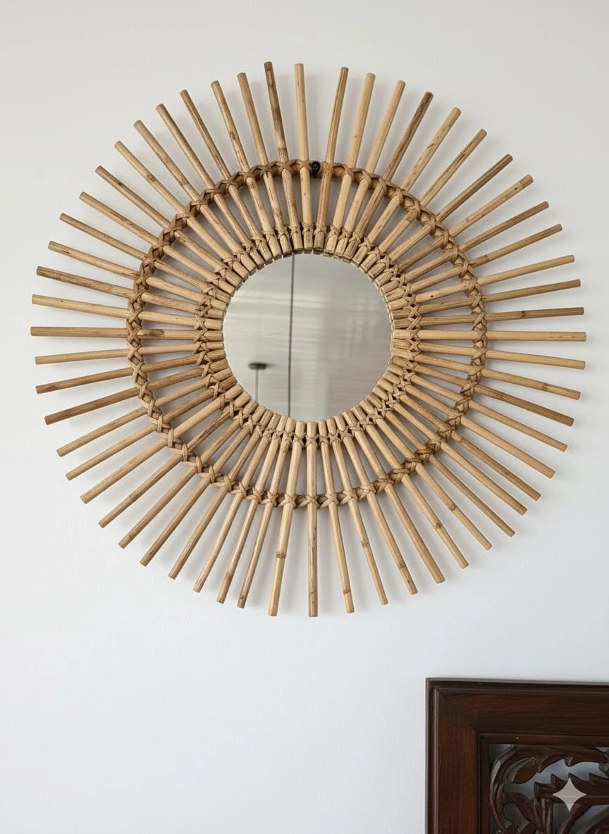 Decorative wall mirror with a sunburst design made of wooden sticks on a white wall.