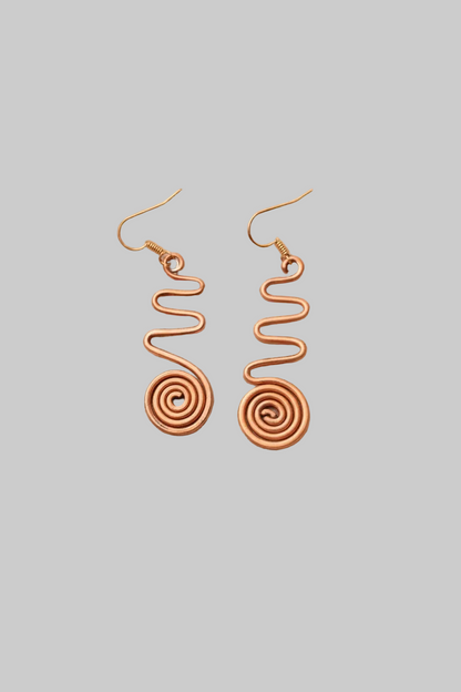 Pair of spiral-shaped earrings on a light gray background