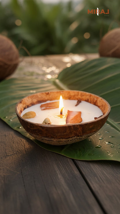 Coconut shell candle with cinnamon sticks on a green leaf