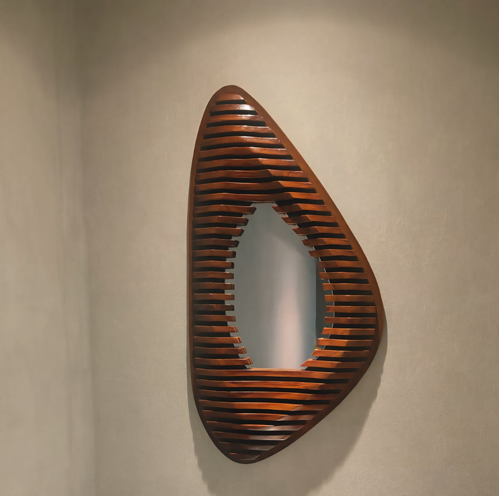 Wooden wall art with slatted design on a beige wall