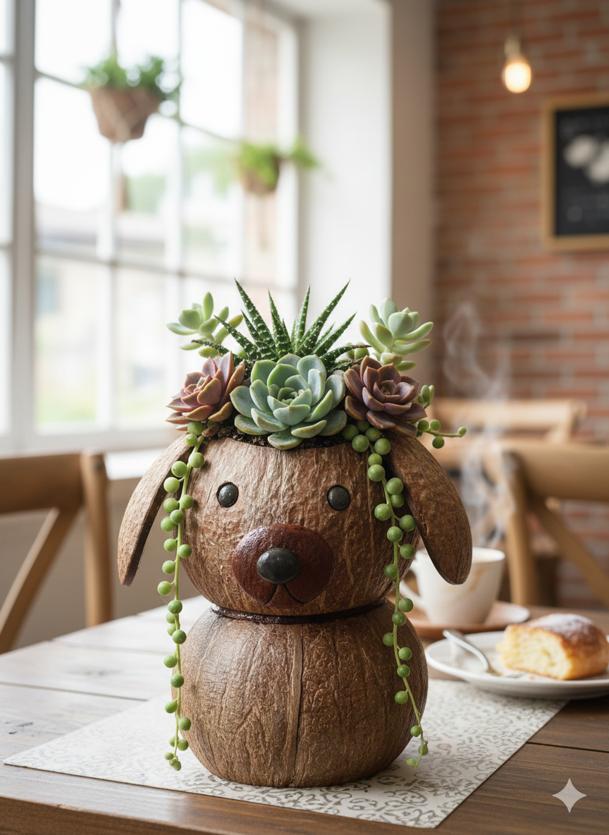Decorative planter shaped like a dog on a table with a blurred background