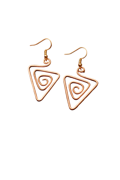 Rose gold spiral triangle earrings on a white background