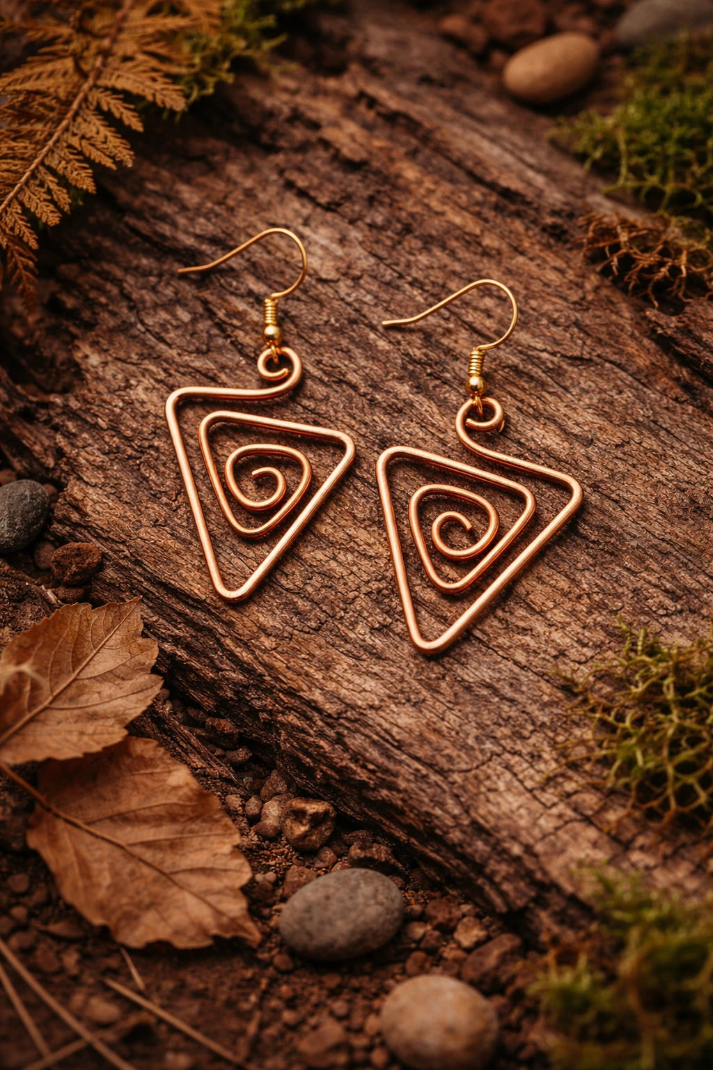 Pair of gold spiral triangle earrings on a wooden surface with leaves and stones.