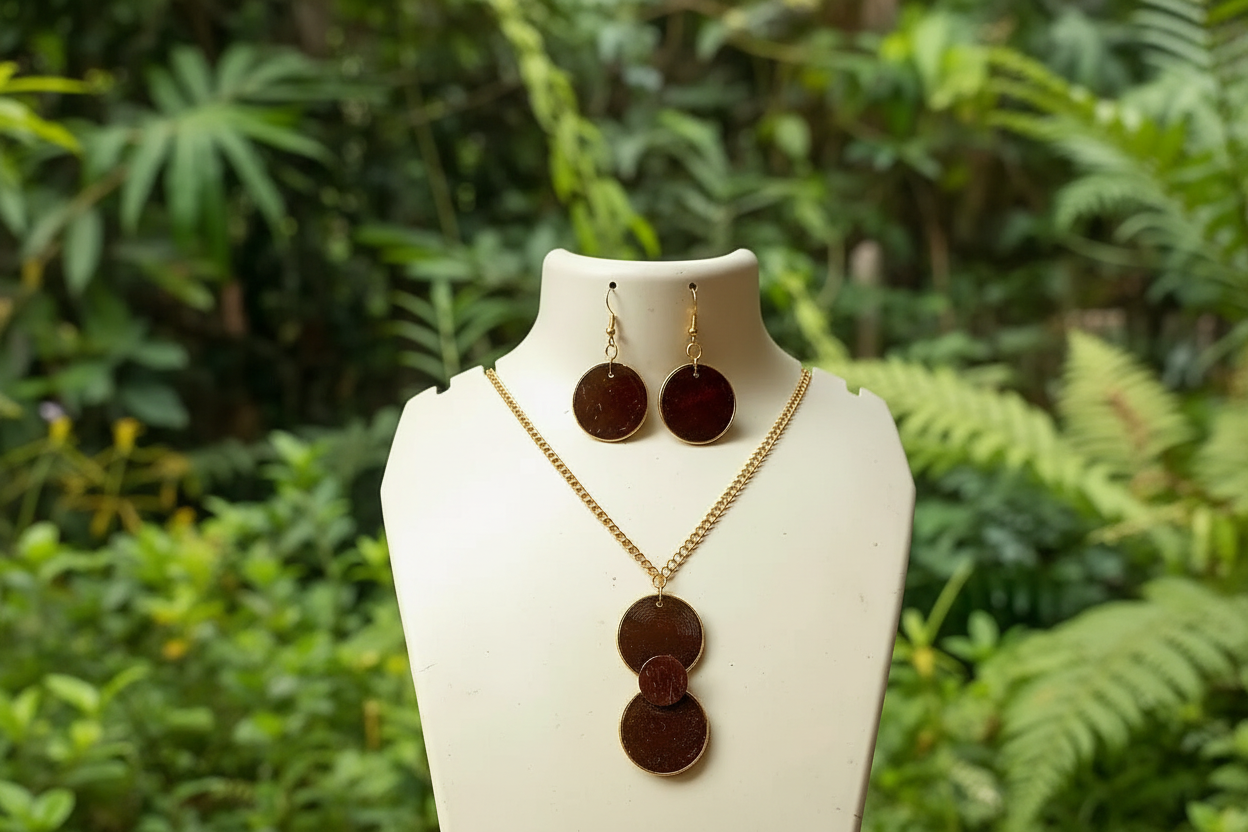 Jewelry set on a mannequin bust with a natural green background