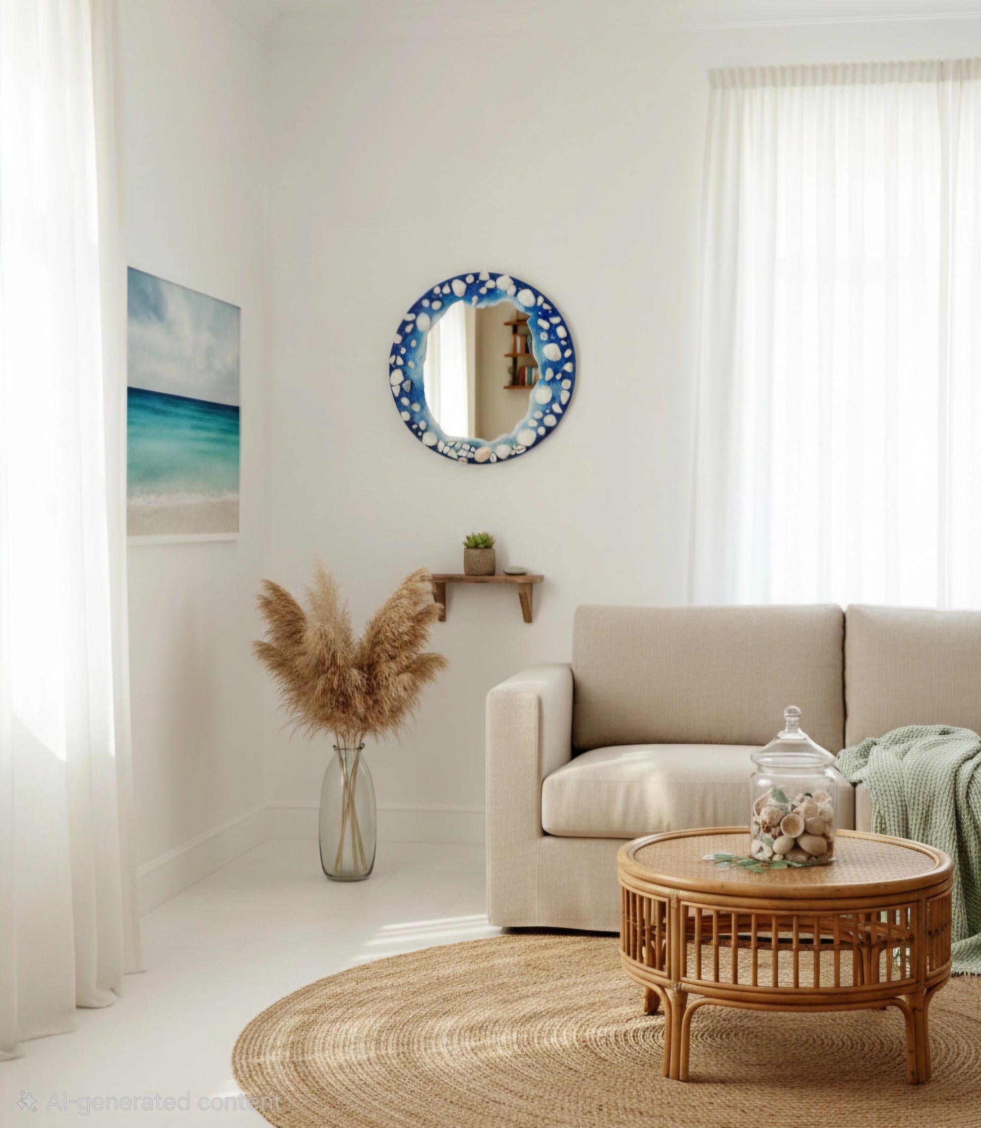 Living room with beige sofa, round wooden coffee table, and decorative mirror on wall.