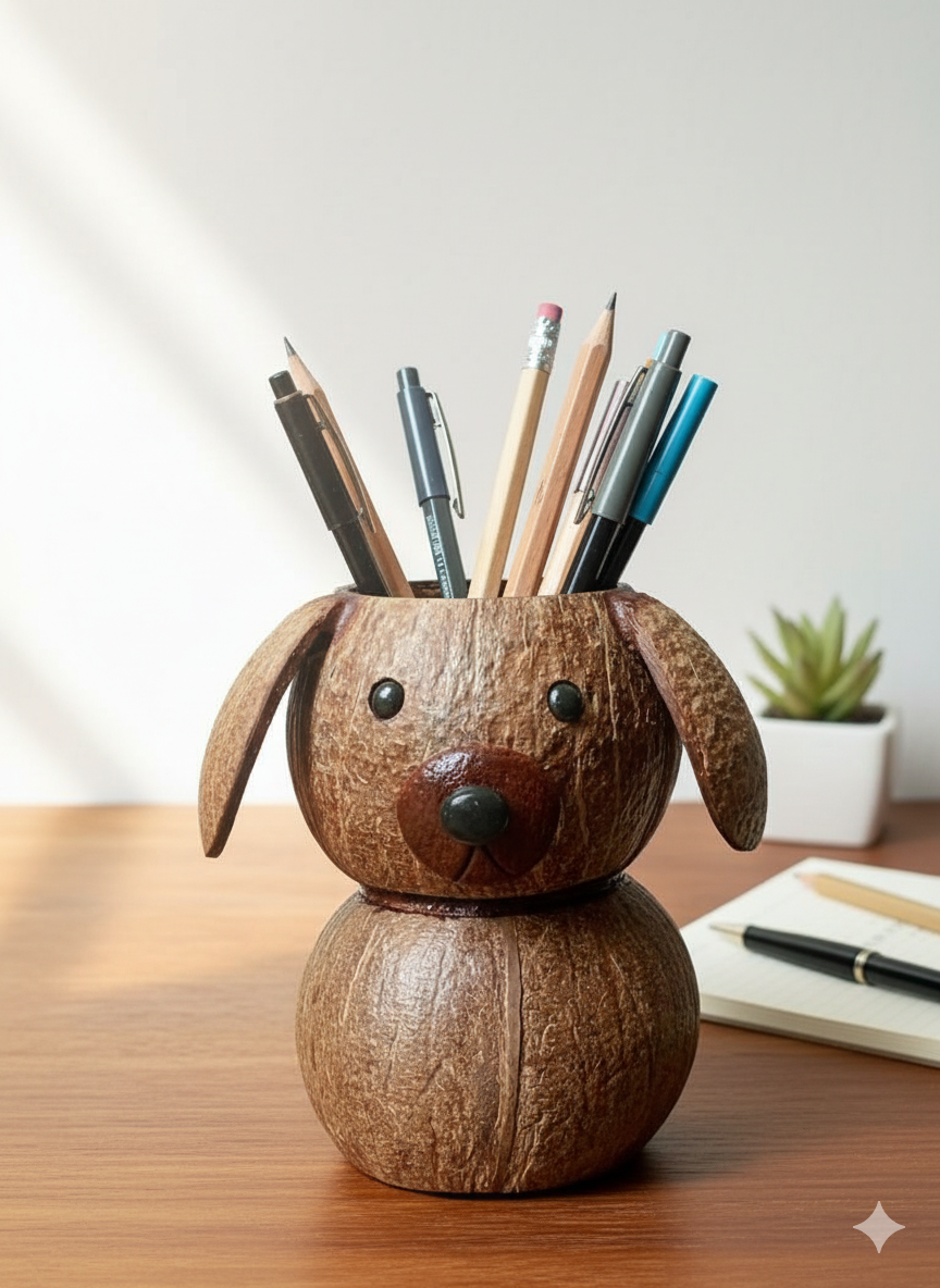 Wooden dog-shaped pen holder with pencils on a desk