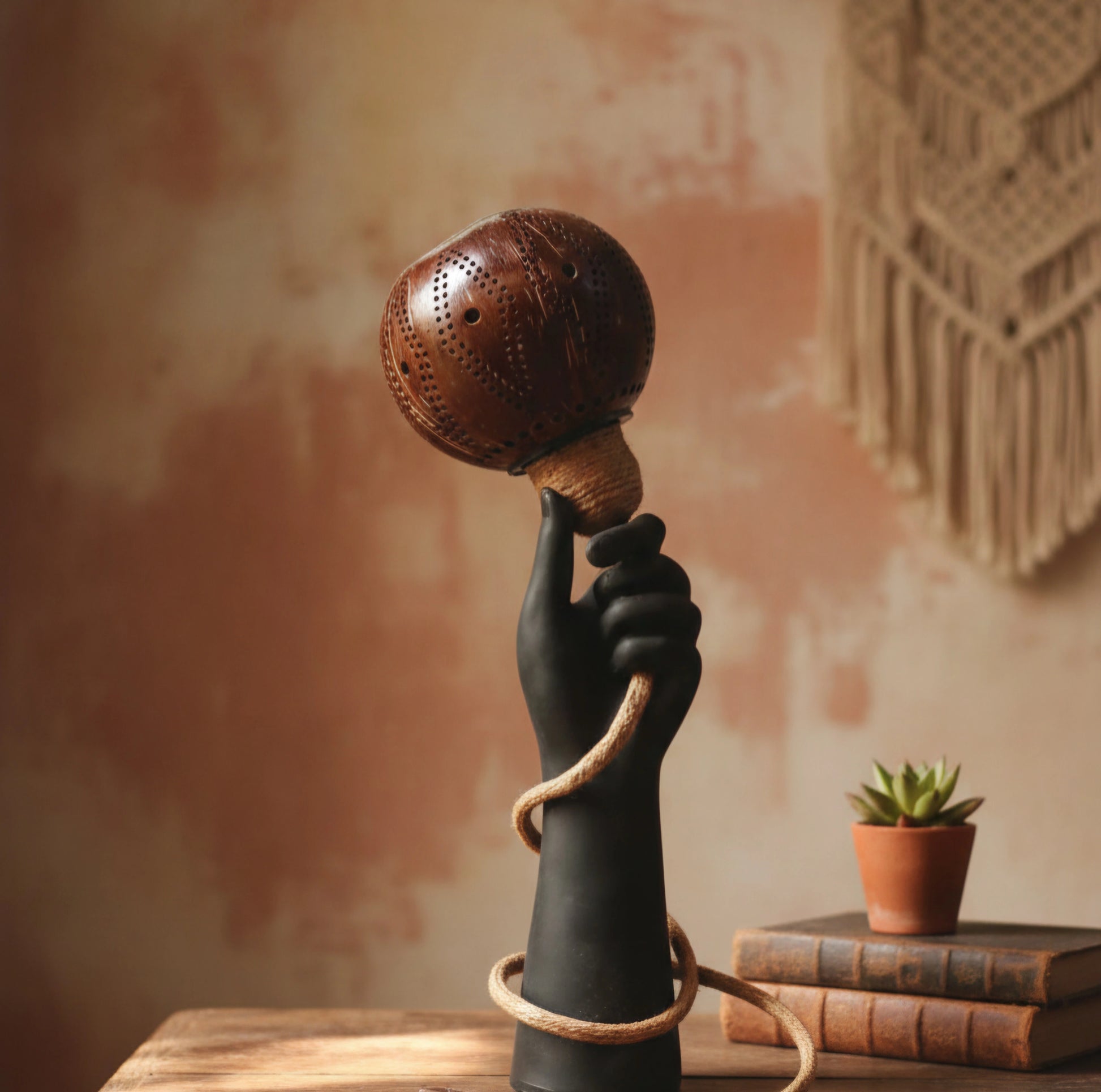 Decorative sculpture of a hand holding a coconut against a textured wall.