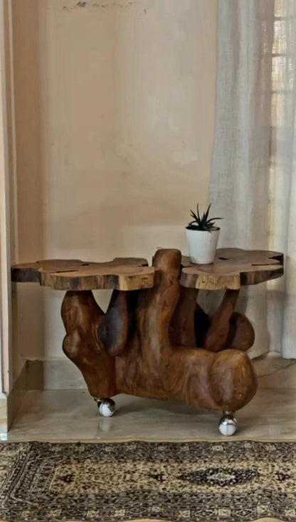 Wooden side table with natural design in a room setting