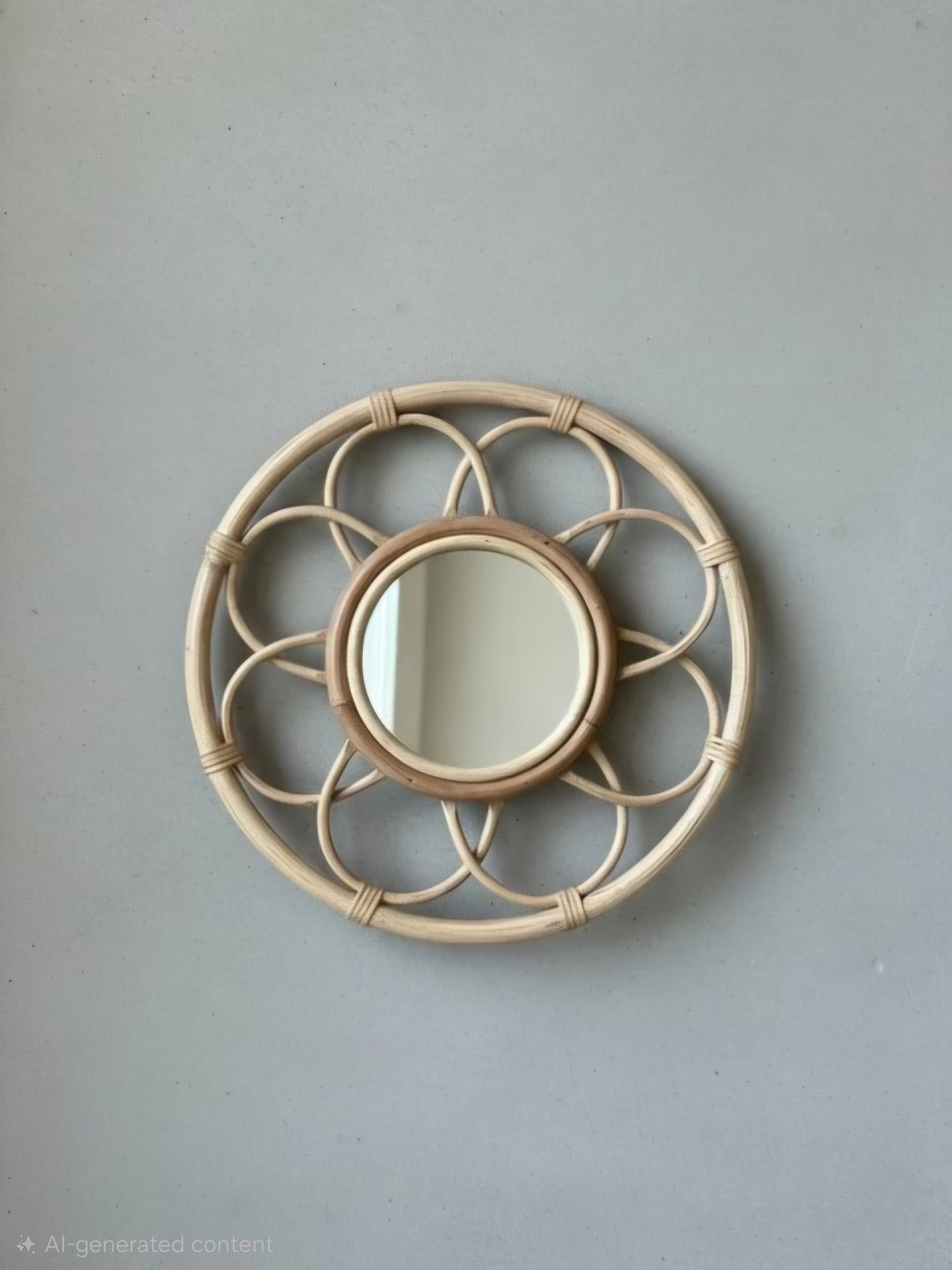 Round rattan mirror with decorative frame on a plain wall