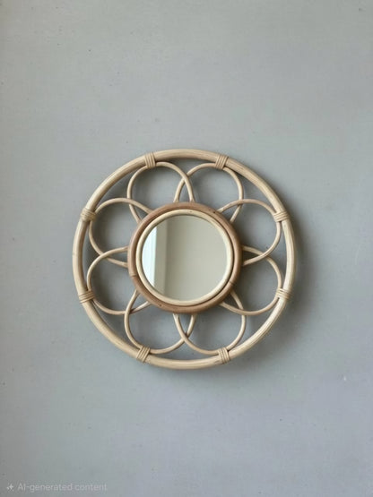 Round rattan mirror with decorative frame on a plain wall