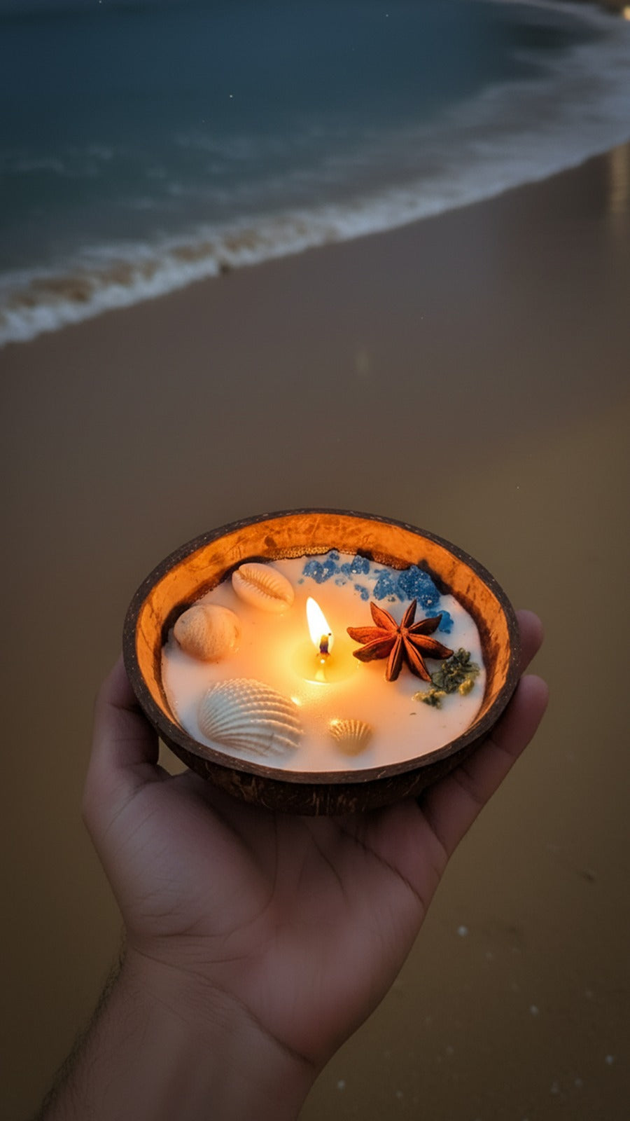 Candle in a coconut shell held by a hand on a beach