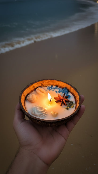 Candle in a coconut shell held by a hand on a beach
